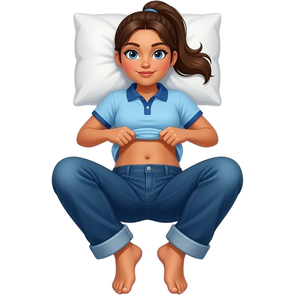 Hispanic girl with brown ponytail and blue eyes light blue and dark blue polo and dark blue baggy jeans and belly button laying down on her pillow on her bed showing her feet lifting her shirt emoji