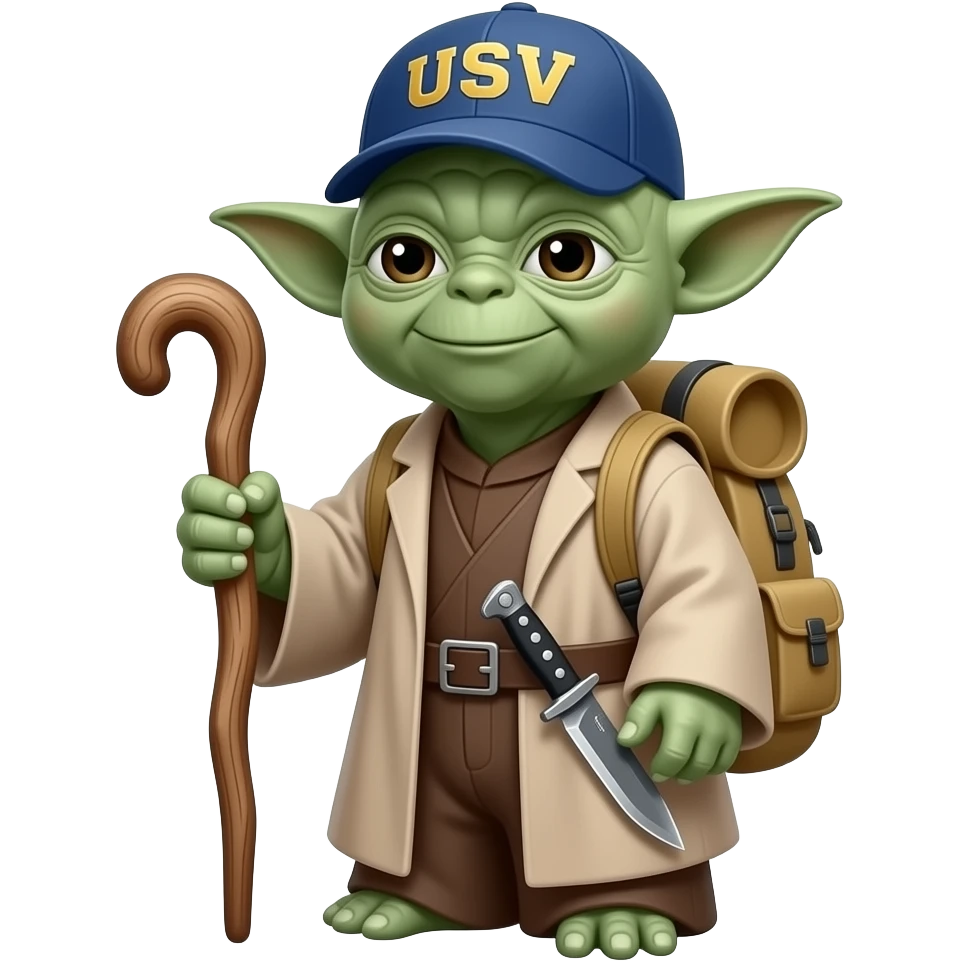 Yoda with a wood hiking stick in his right hand, a tan backpack over his shoulder , a Rambo knife hanging from his belt and a blue ball cap with USN in gold letters emoji