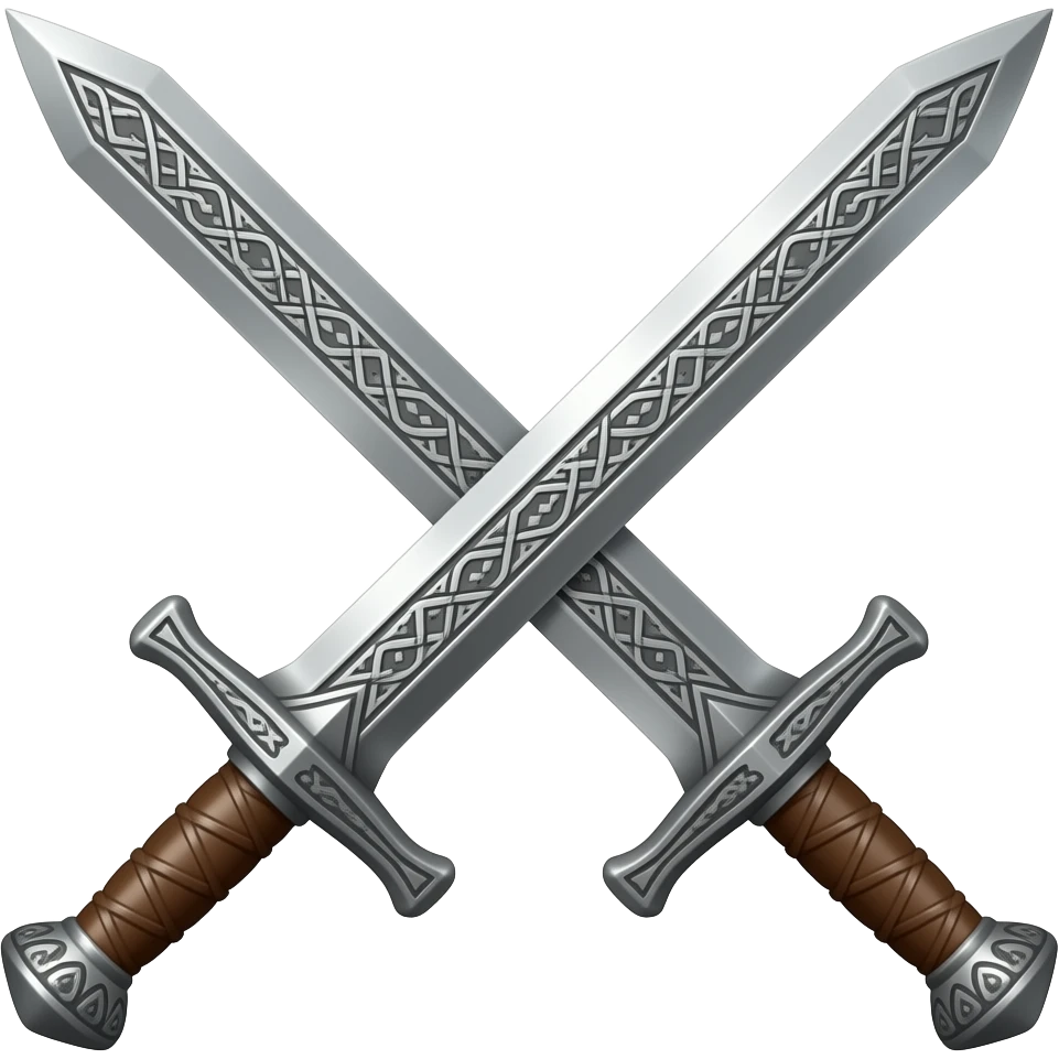 two swords in an X pattern, right over left,  with ornate norse engraving, wooden handles with leather straps emoji