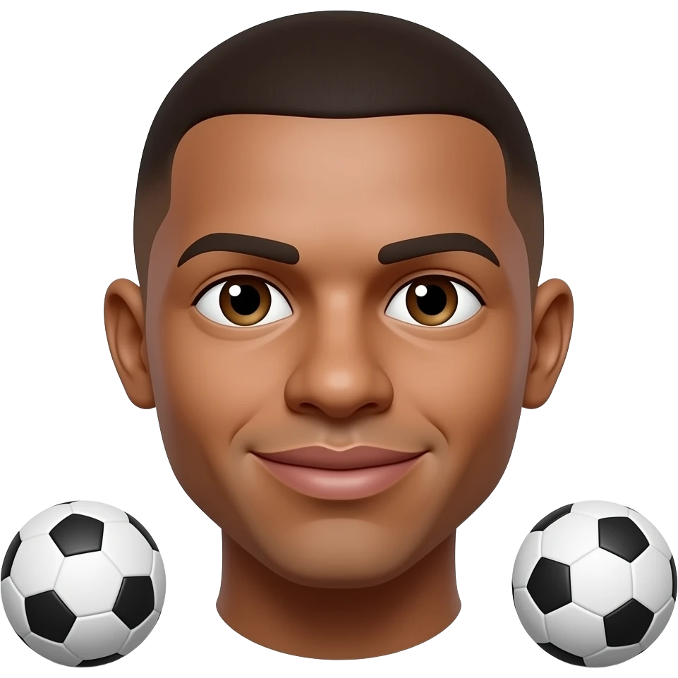 Mbappe-inspired 3D emoji, same face every time, 3 small footballs in background, clear face. emoji