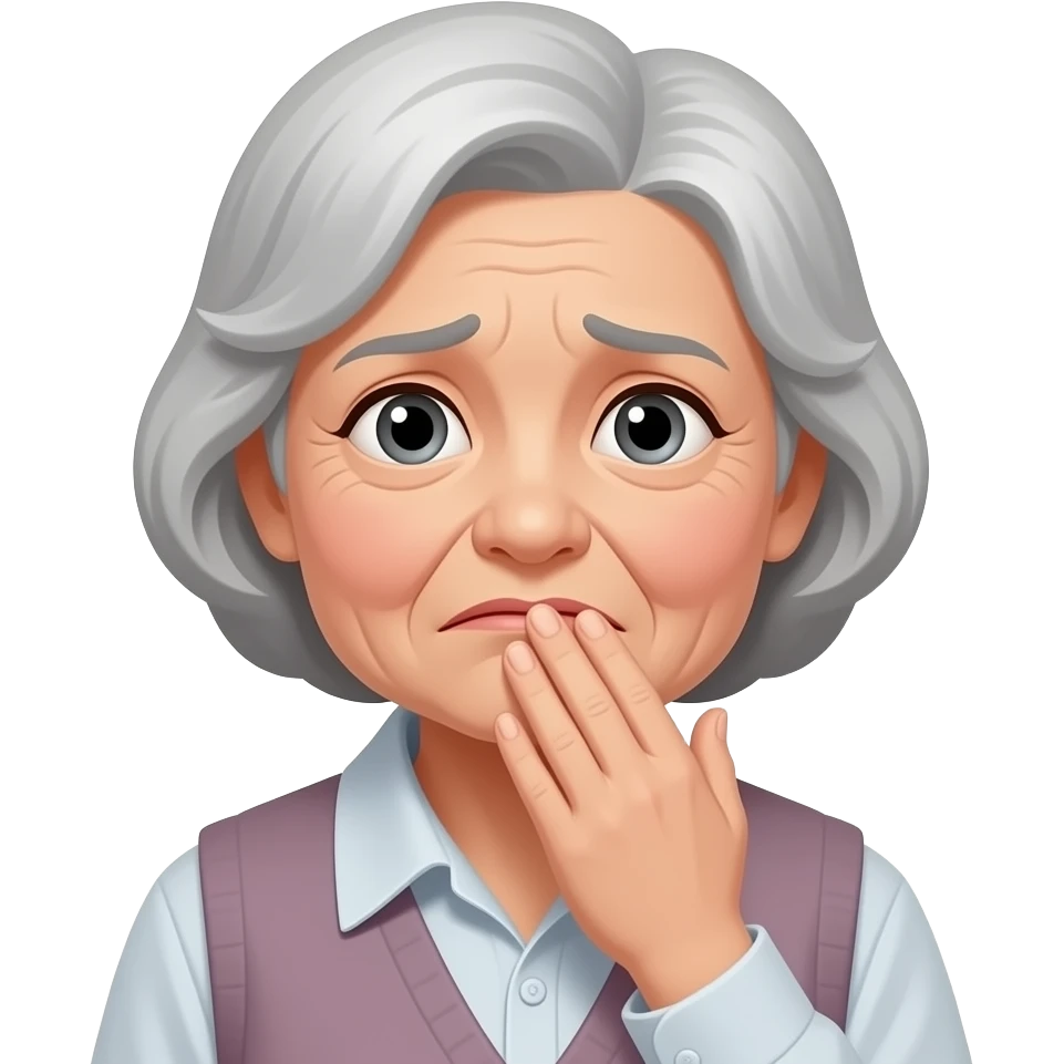 An anxious grandmother with salt-and-pepper hair, holding her hand to her mouth. emoji