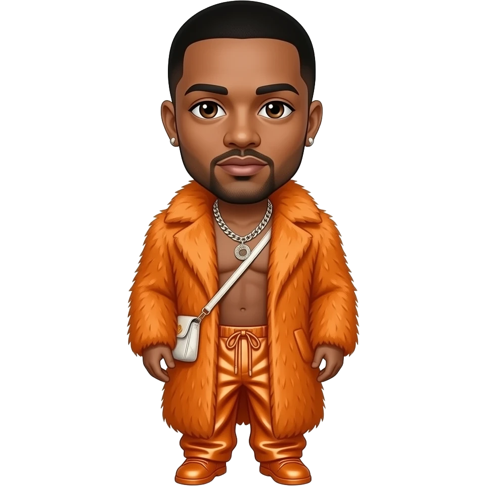 Trey Songz with dark brown eyes, black buzz cut hair, orange fur coat, orange metallic baggy pants, shirtless with necklace and earrings emoji