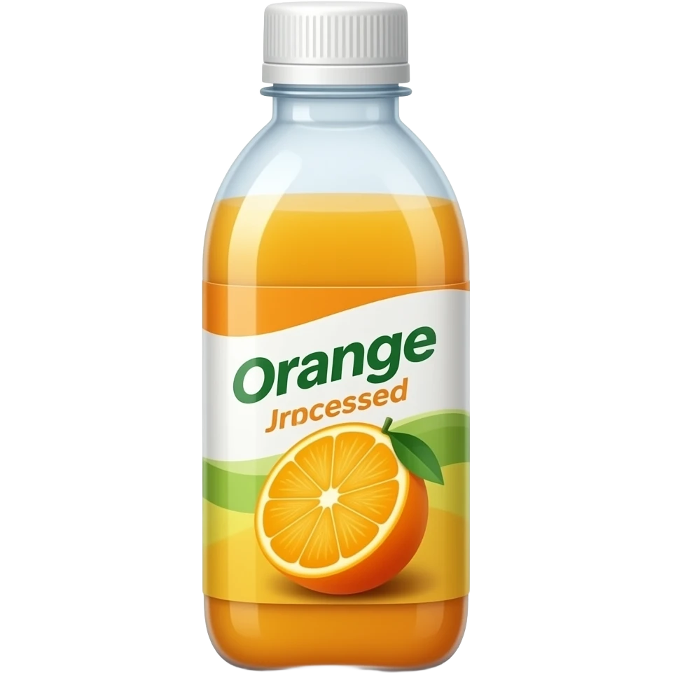 iOS-style emoji sticker of a bottled supermarket orange juice, transparent plastic bottle with simple label, bright orange liquid inside (not fresh-squeezed look), slightly processed juice appearance, clean minimal 3D glossy design, centered, white or transparent background, modern emoji aesthetic. emoji