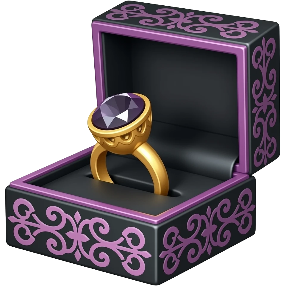 Obsidian gem woman's ring in a black box with purple ornate trim emoji