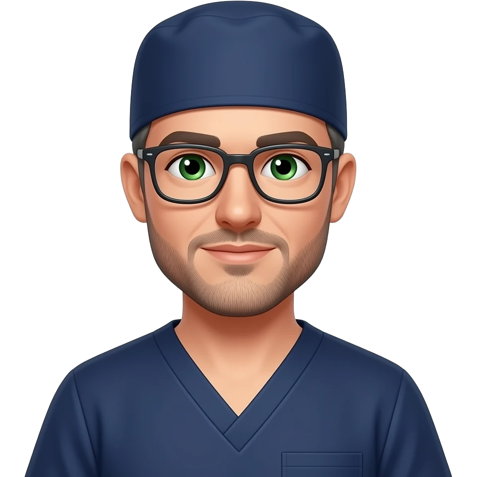 doctor with dark gray hair, beard stubble and green eyes in dark navy scub cap, dark navy shirt with no eyeware emoji