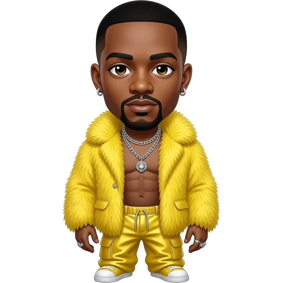 Busta Rhymes with dark brown eyes, black buzz cut hair, yellow fur shawl, yellow metallic baggy pants, shirtless with necklace and earrings emoji