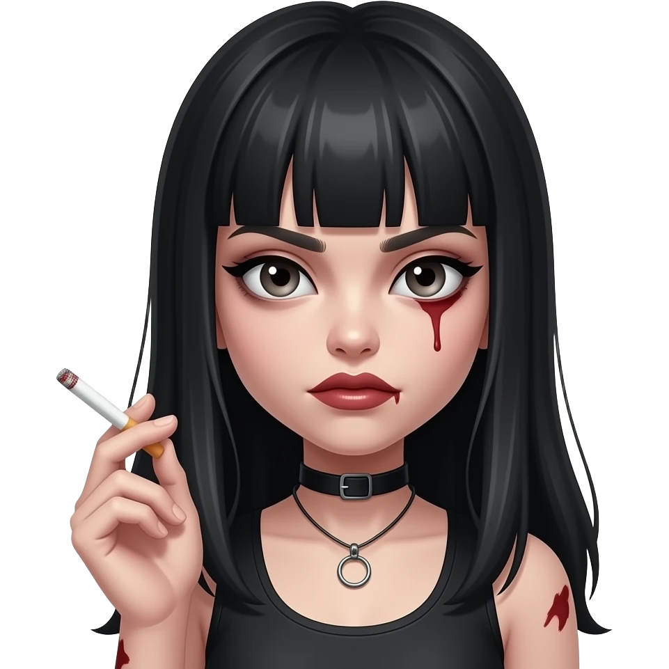 Girl with long black hair and bangs holding a cigarette, with an evil face , make her a zombie emoji