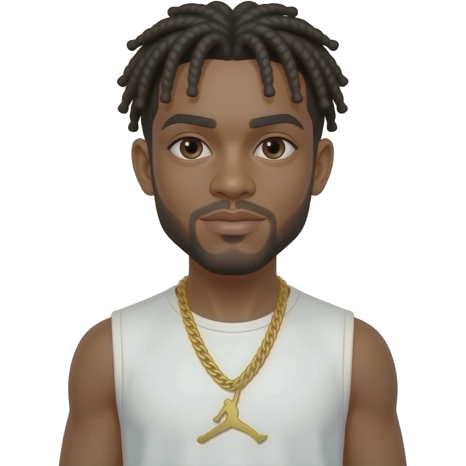 add a white sleeveless shirt black dreeds and gold chain give him Jordan 4s shoes on his feet emoji