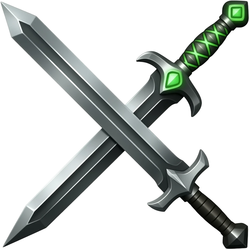A Discord emoji of a sharpened emerald sword with a glowing green rune on the hilt. High-end fantasy style, sleek, metallic black, white background. emoji