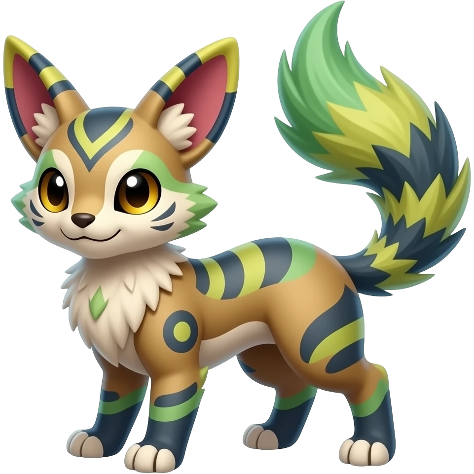 Exotic tropical happy Beautiful pretty cool edgy elegant realistic Feral Rare Fantasy colorful vibrant Vernid-Trico-species-Fakemon-creature by LiLaiRa, random markings, tufted tail, tufted ears, full body  SIMILAR Products emoji