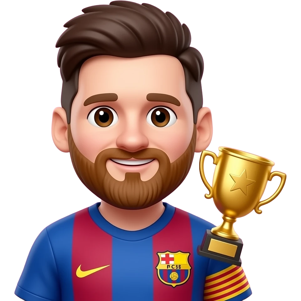 Create a 3D chibi Messi emoji, chest-up portrait only, consistent emoji design, pink background, one difficult hidden identical golden trophy near the beard edge emoji