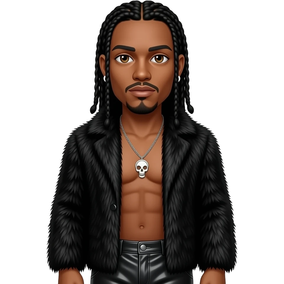 Flesh-n-Bone from Bone Thugs-N-Harmony with brown eyes, long black hair, black fur shawl, black metallic baggy pants, shirtless with necklace and earrings emoji