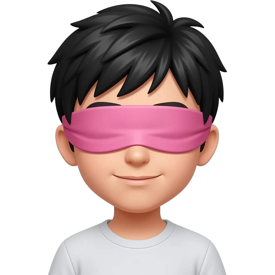 boy with black hair wearing pink blindfold emoji