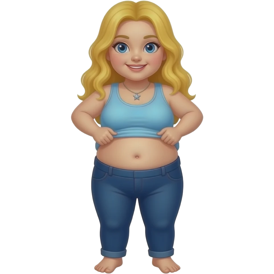 Chubby white girl blue eyes yellow long hair light blue tank top star necklace dark blue plain pants showing her feet lifting her tank top up to show chubby belly button emoji