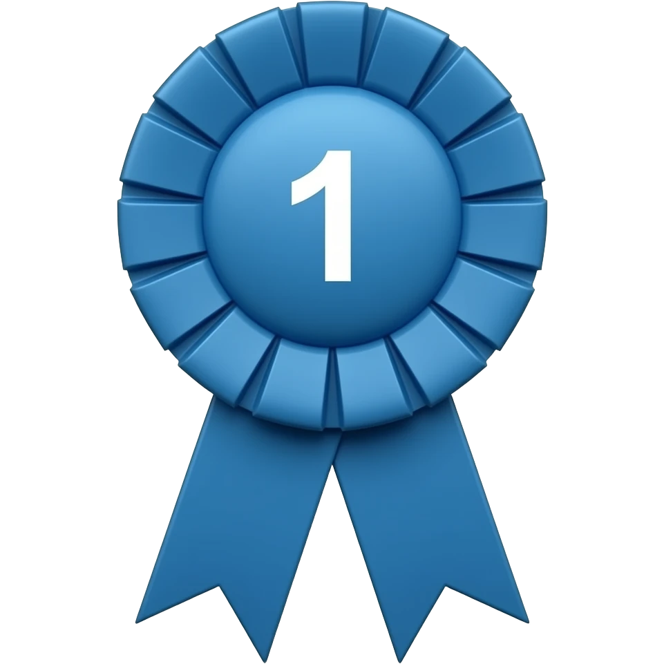 a first place ribbon that is blue with smaller round top with a smaller `1 in the middle of the round top emoji