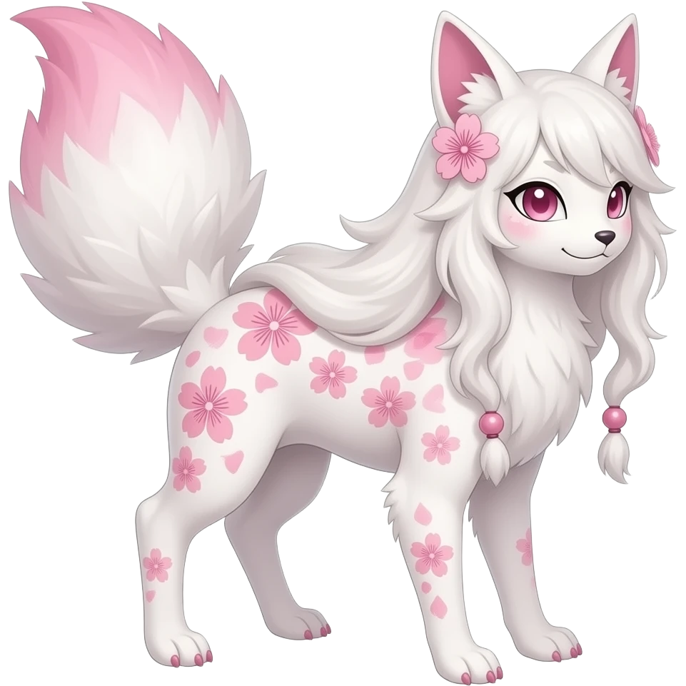 White sakura floral Fuzzy slim oriental feathery long-haired beaded mane cozy rosy aesthetic feathery Rosy beautiful Sylveon-Furret-Fennekin-Minccino-Espeon-Fakémon-hybrid emoji