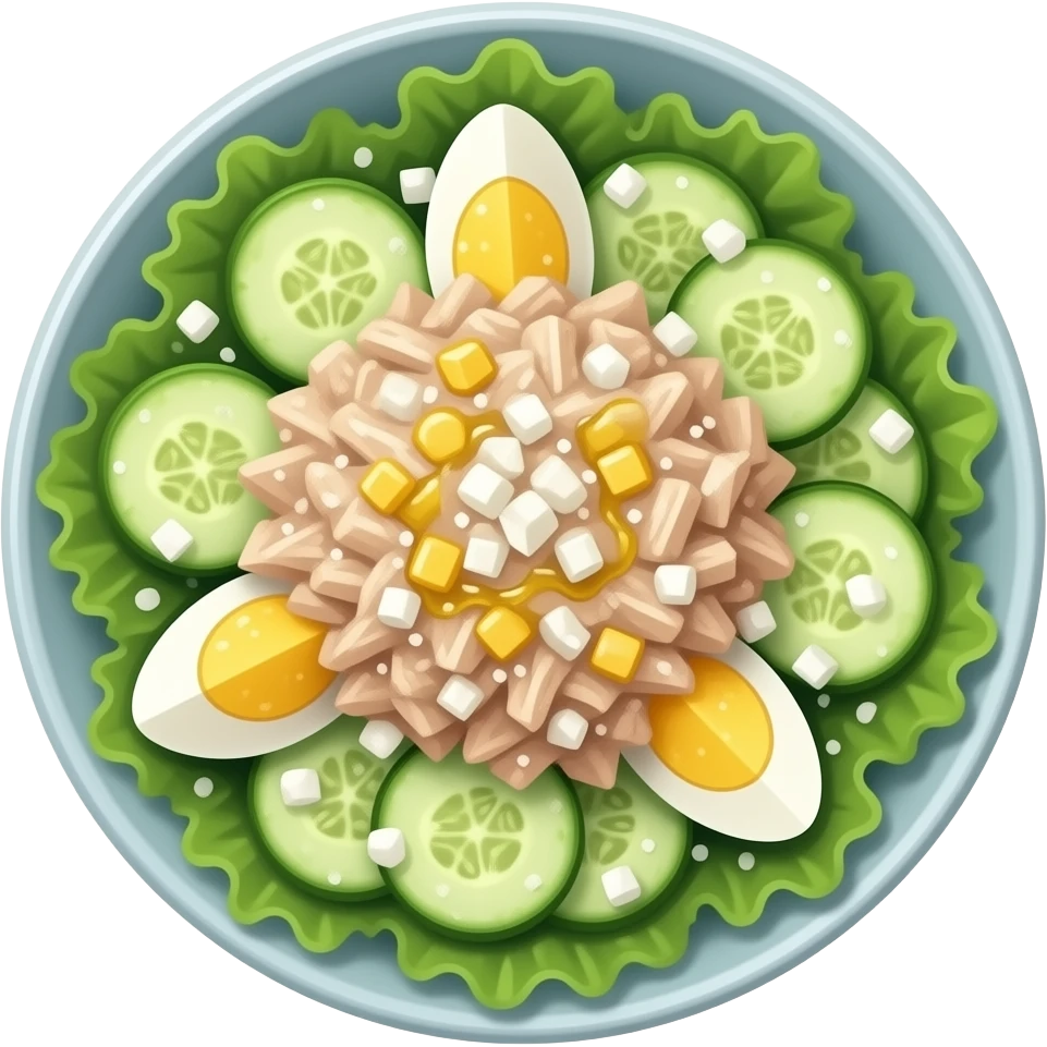 Ensalada de mucho maíz, atún desmigado, pepino y huevo cocido cortadito, con aceite y sal emoji