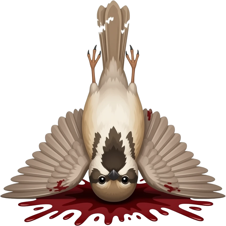 A 2D render iPhone emoji icon of a detailed Brown and red color 3D Render iPhone emoji png of a songbird pinned up with its wings sprawled out and mangled and blood underneath the bird emoji
