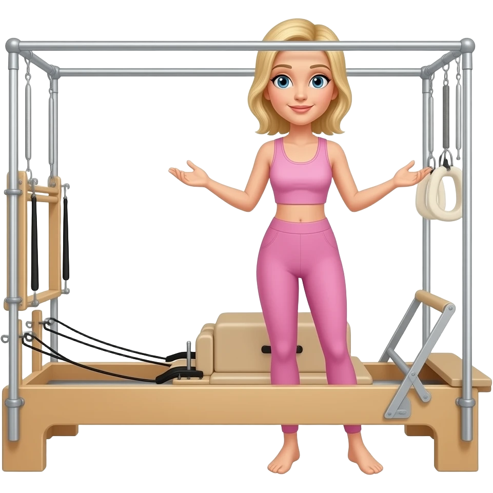 Medium length haired blonde pilates instructor teaching reformer in pink set beige reformer emoji