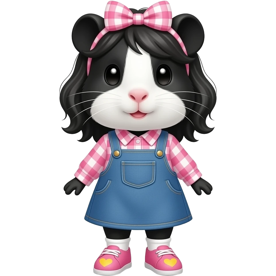 black and white guinea pig with pink long sleeve gingham shirt, jean dress, pink shoes with yellow hearts and a pink gingham bow in hair emoji