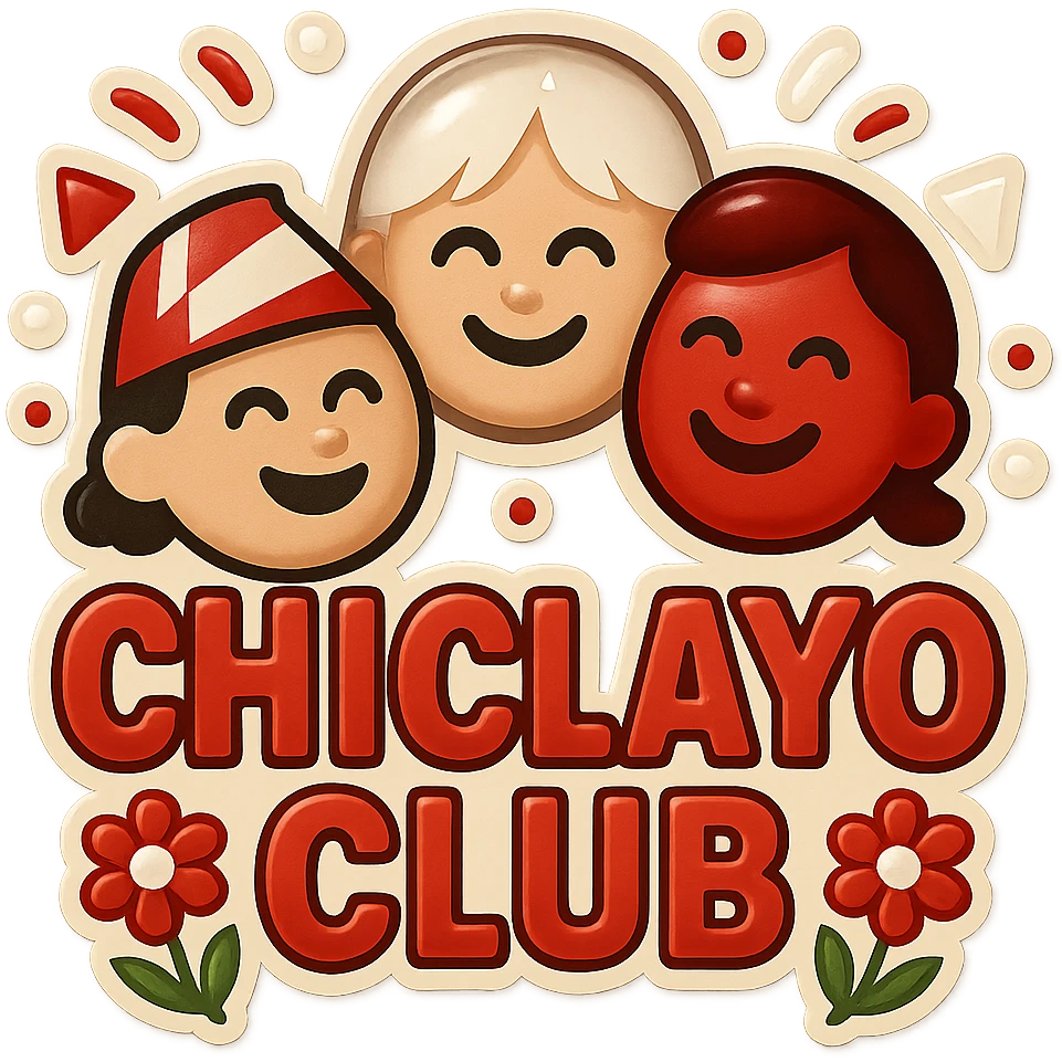 Restyle the logo with three simple, friendly faces in the original emoji/sticker look but less childish and more modern. Use only Peruvian colors for accents. Keep the flowers. Include the text 'Chiclayo Club'. Use a white background. emoji