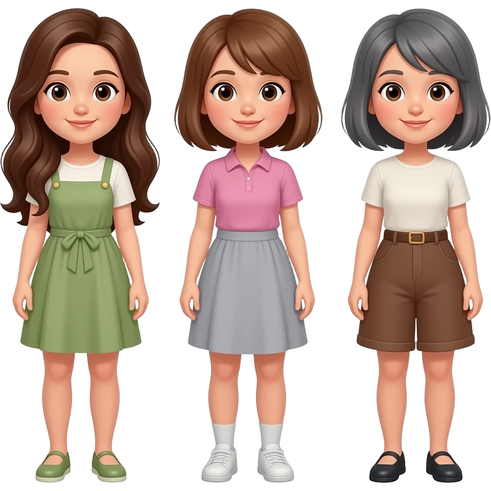 3 sisters all same height 1 long brunette hair,  2 brunettes 1 grey short hair emoji