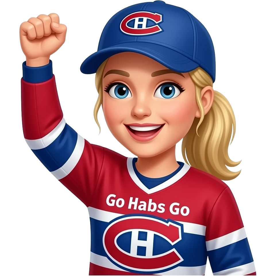 Woman Cheering with arm in the air with blonde hair with pony tail, where Montreal Canadians cap and Go Habs Go written on jersey shirt emoji