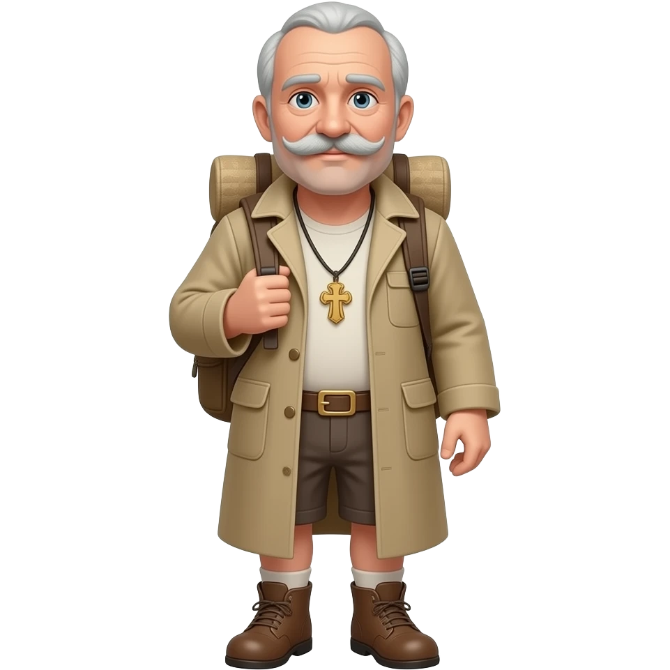 Hombre de 78 con bigote grande con poco pelo y con algo de abdomen rubia 50 Años y vestida de camino a santiago de cuerpo  entero con mochila emoji