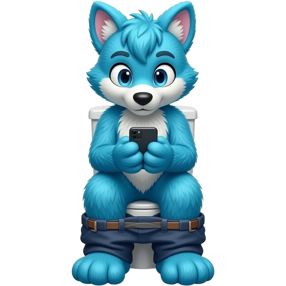 blue fursuit sitting on toilet, front view, legs together, looking down at phone emoji