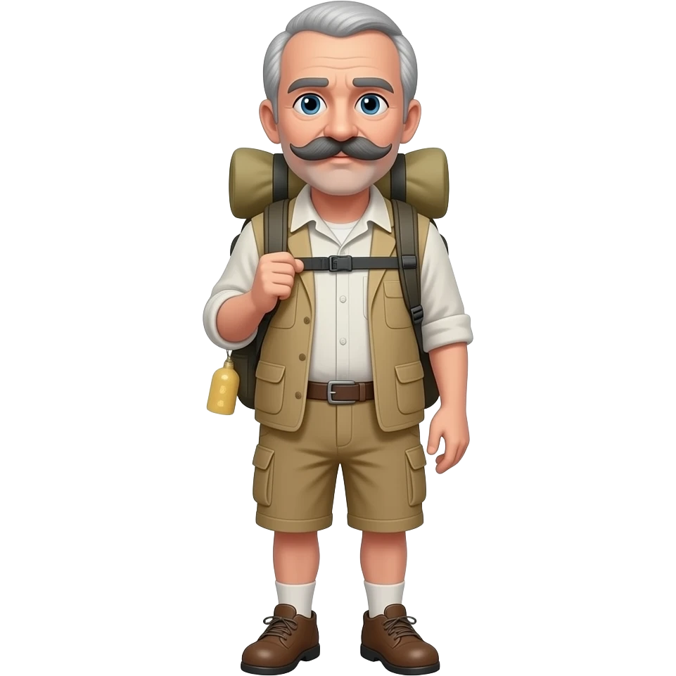 Hombre de 78 con bigote grande y mas oscuro con muchas entradasy con algo de abdomen rubia 50 Años y vestida de camino a santiago de cuerpo  entero con mochila emoji