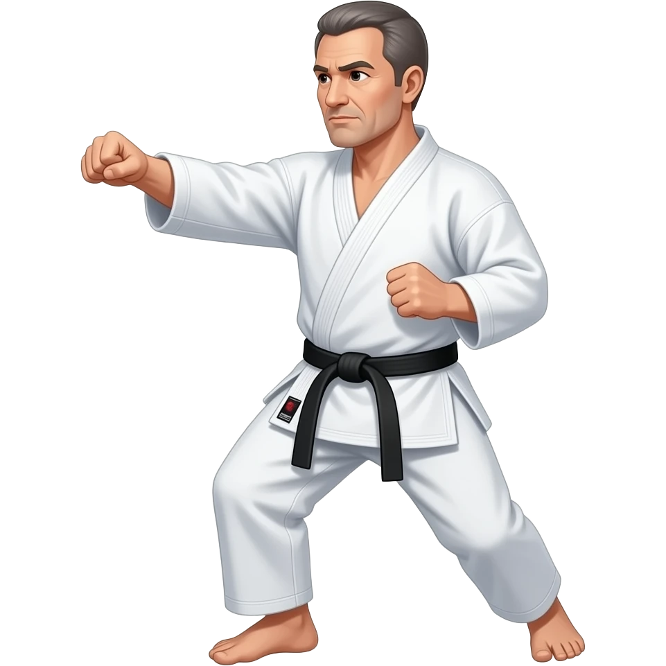 Middle-aged, white man wearing karate uniform , shaved short hair with a black belt doing a punch emoji