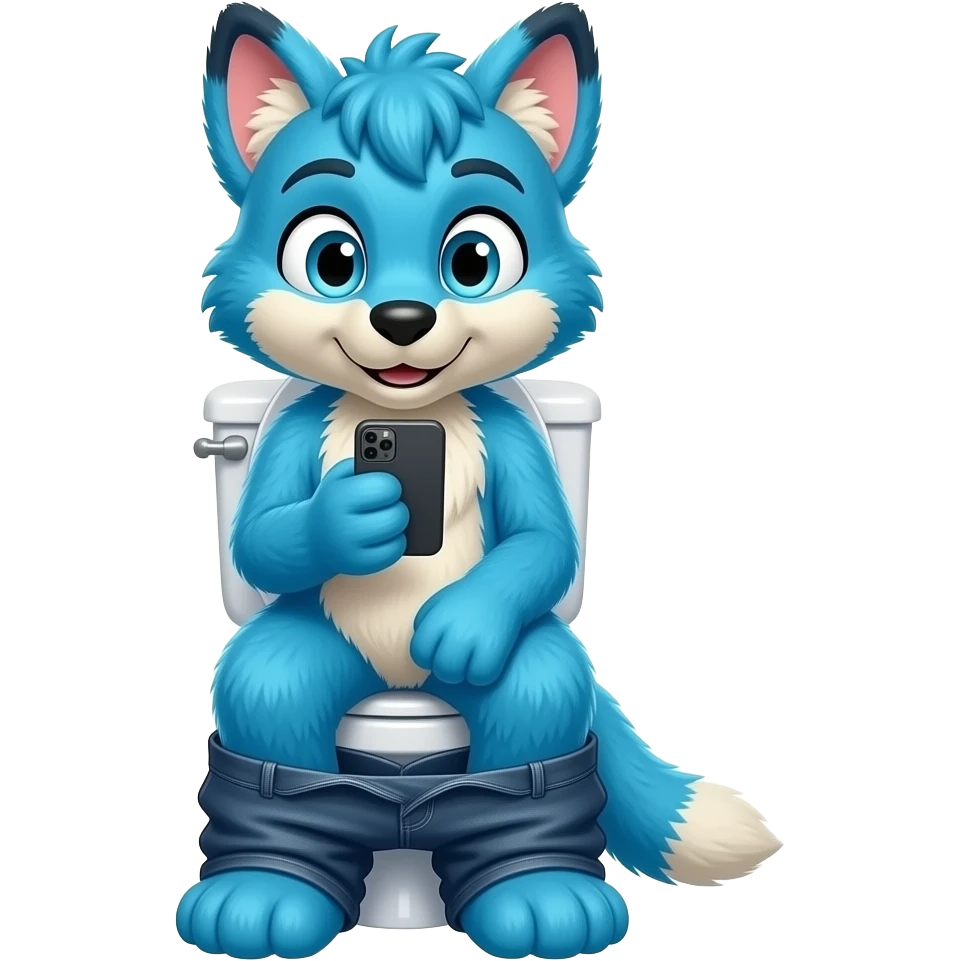 blue fursuit sitting on toilet, front view, pants down, looking at phone emoji