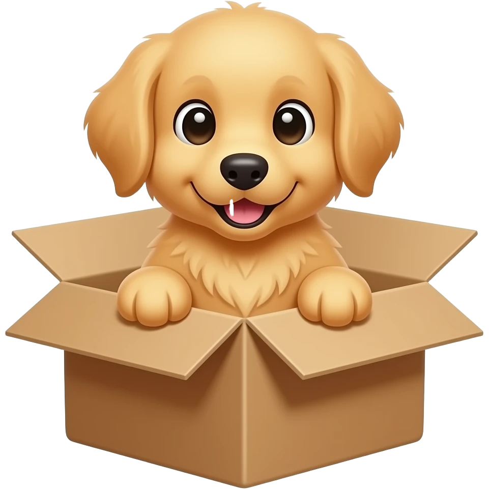 show a cute golden retriever puppy being inside a brown box emoji