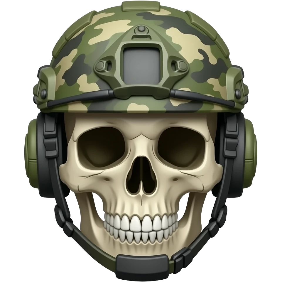 turn the skull into a military emoji with a tactical helmet and one hand tapping the top of his head emoji