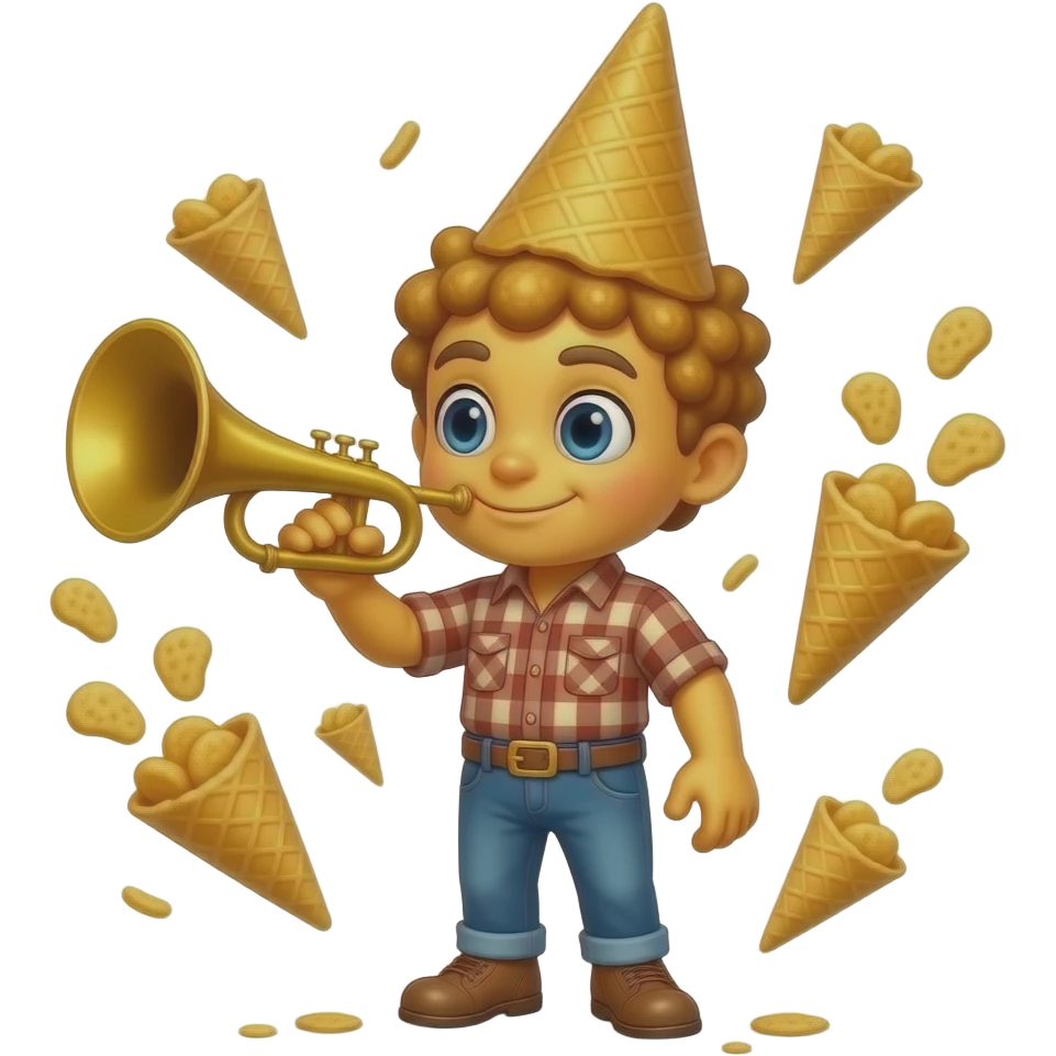 A magical Bugles mascot with a giant head and tiny body. It has golden ...
