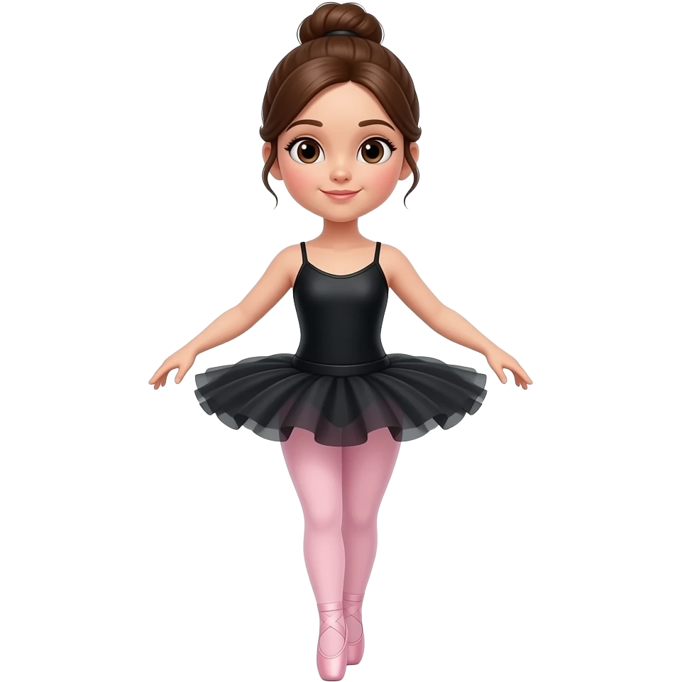 Girl dancer with brown hair brown eyes in black bodysuit with no skirt pink ballet shoes and tights in a bun emoji