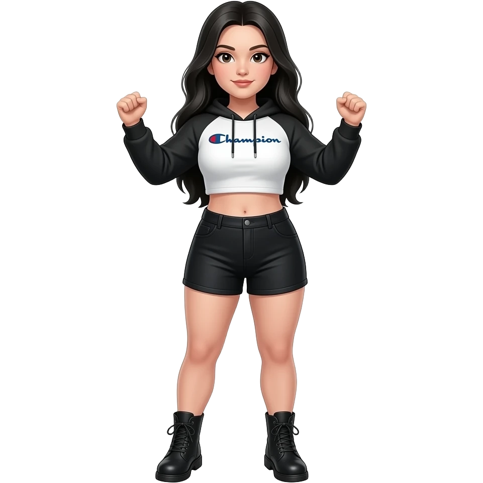 White girl with long black hair, black and white cropped champion hoodie with black arm sleeves, black high shorts, black plain boots, and a bit of a chubby body lifting her shirt emoji