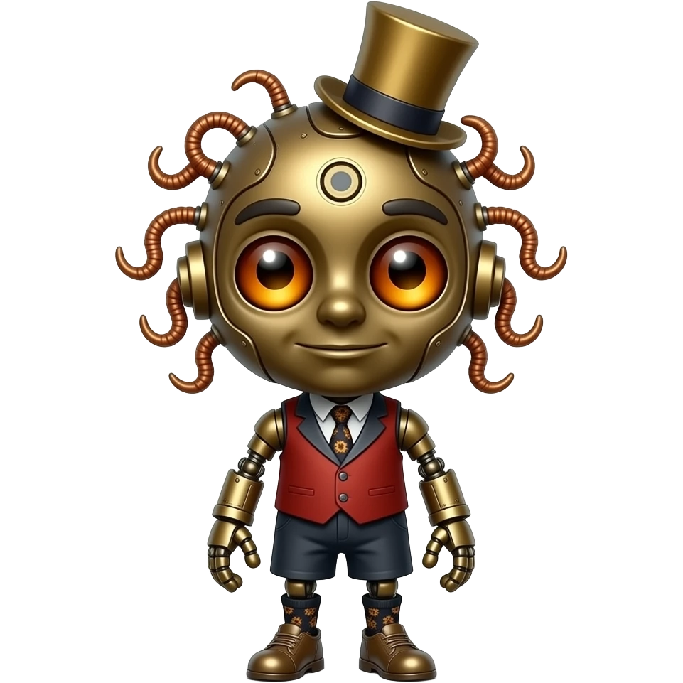 A creepy clockwork character with a huge head and tiny body, bronze-colored mechanical plating, curled copper wires for hair, a tiny brass top hat, a red waistcoat, dark shorts, gear-patterned socks, metal shoes, and glowing amber eyes. emoji