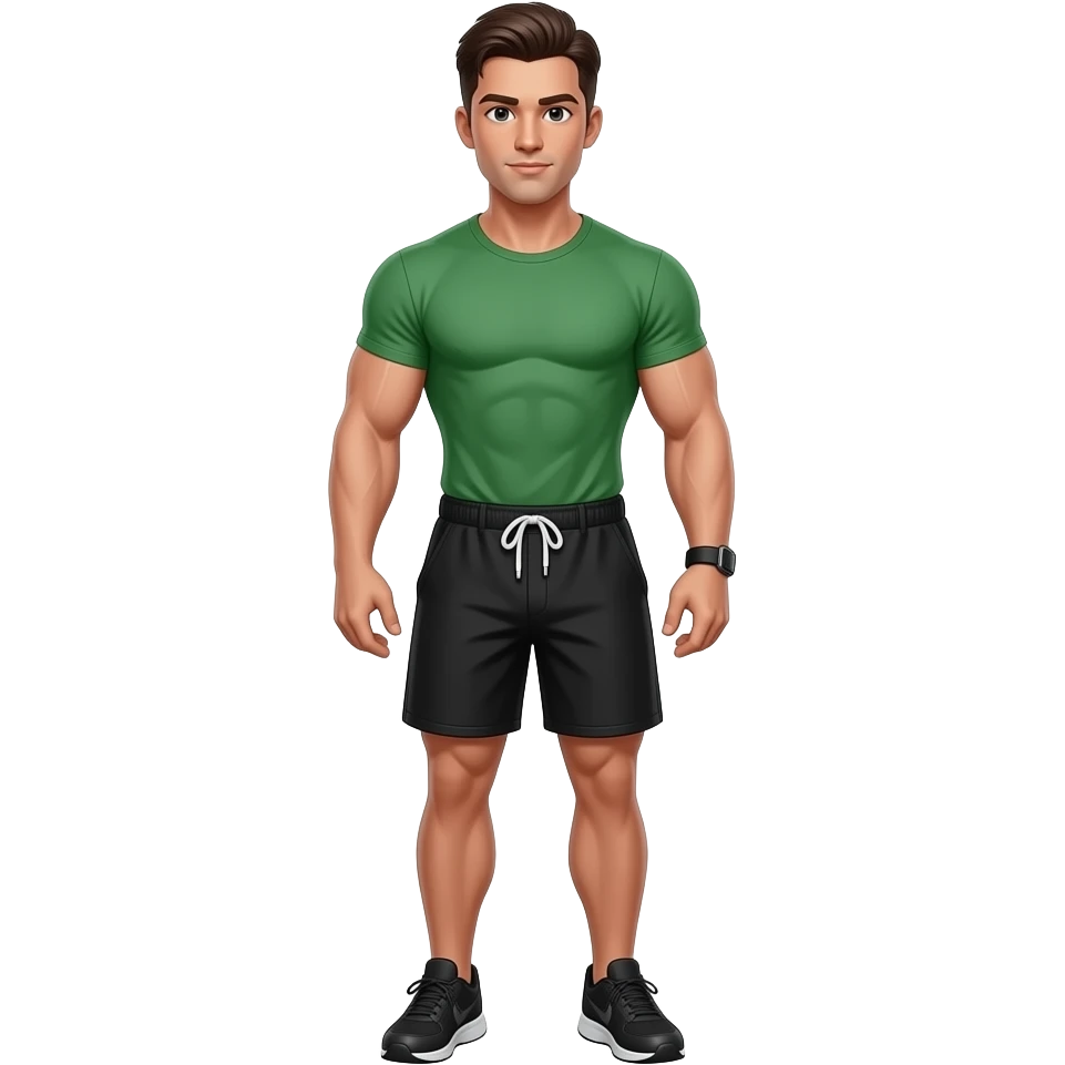 muscular jock with dark brown hair, combed back, wearing a green t-shirt, black shorts, black athletic shoes and a black wrist bracelet emoji