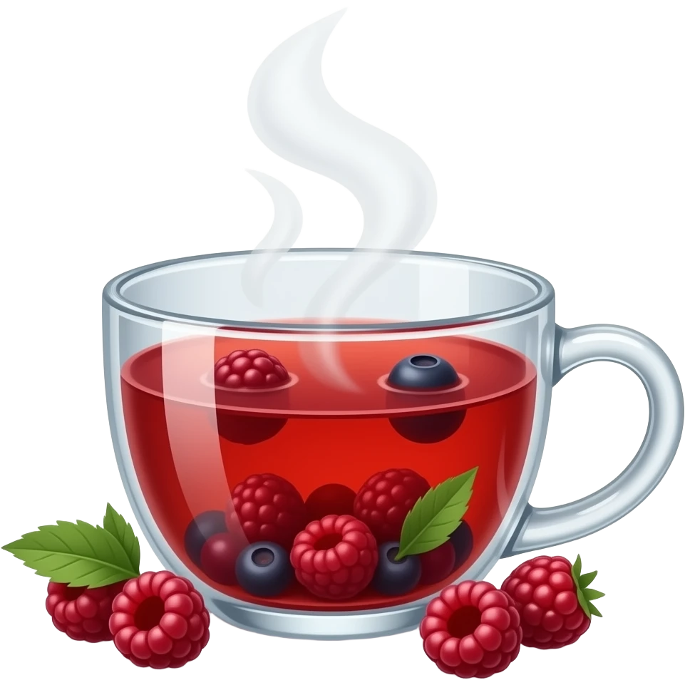 iOS-style emoji sticker of a red berries herbal infusion tea, cute minimal 3D glossy emoji style, glass cup with reddish tea, subtle steam, soft berry hints, centered, white/transparent background, simple clean design, no text, no extras. emoji