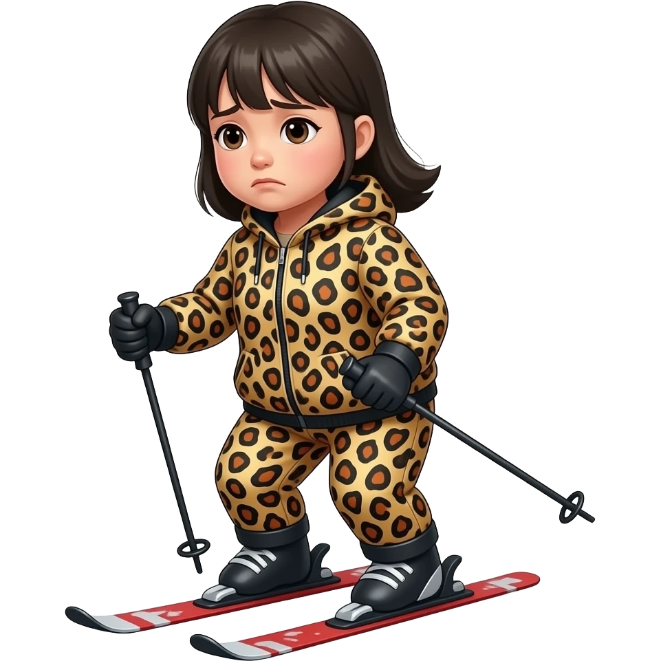 Depressed Fat Asian girl on ski with leopard ski suit emoji