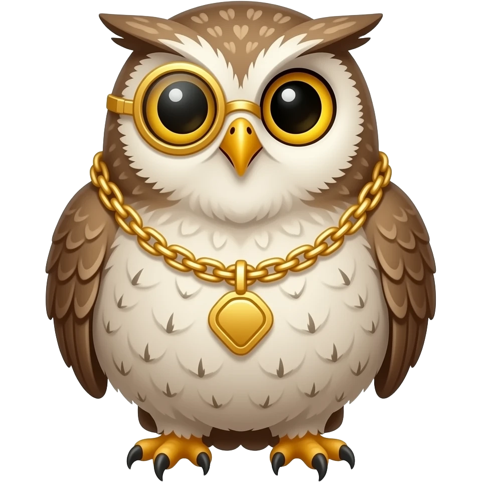 Fat owl wearing a gold monocle with gold chain emoji