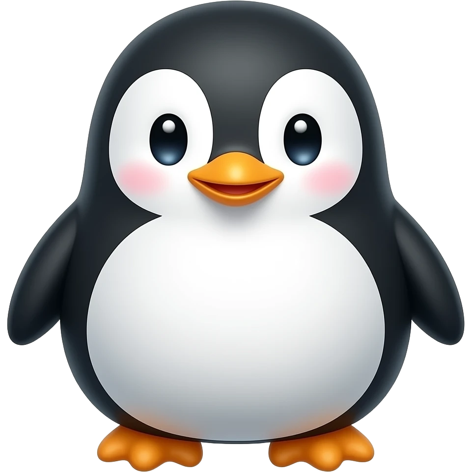 Cute penguin emoji, round body, big shiny eyes, tiny orange beak, small flippers, happy expression, glossy 3D emoji style, clean white background emoji