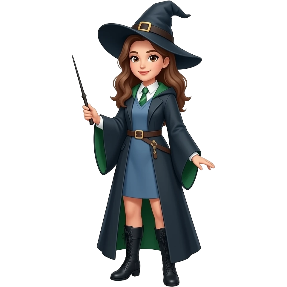 A full body White/Fair skinned woman with brown hair and brown eyes and wearing a long light Blue and forest green Witch outfit with black ankle boots and holding a plain pure black wand. emoji