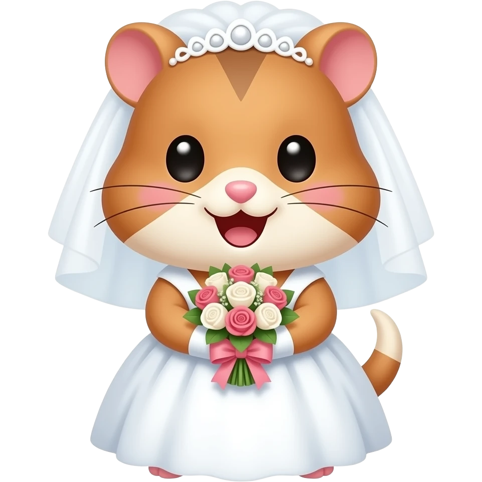부케를 들고 활짝 웃는 귀엽고 예쁘고 깜찍한 갈색 햄스터 신부. emoji