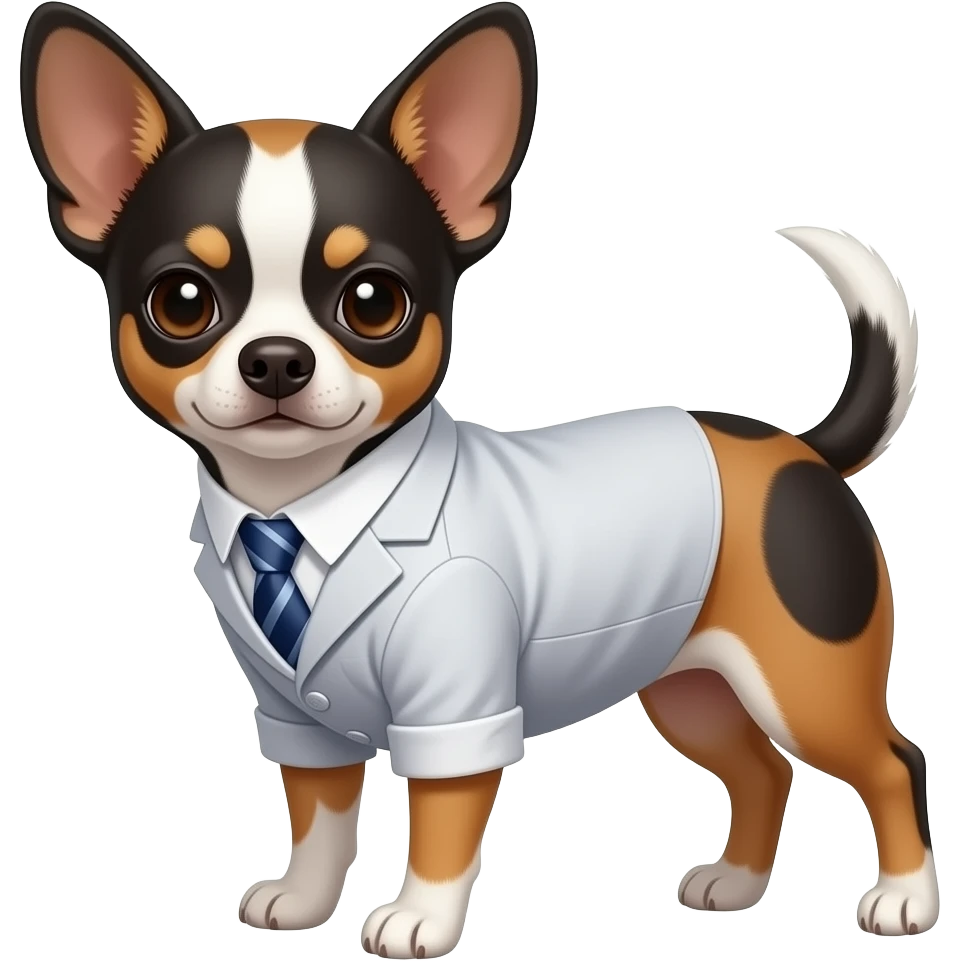 chihuahua con manchas cafe negras y blancas con un vestido de tailor suift emoji