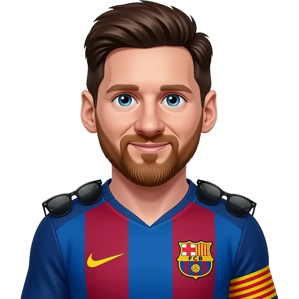 Messi-inspired 3D emoji, full Barcelona jersey, 3 small black sunglasses around shoulders. emoji