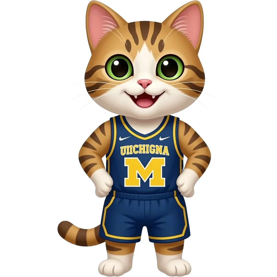a happy cat wearing a university of michigan basketball jersey emoji