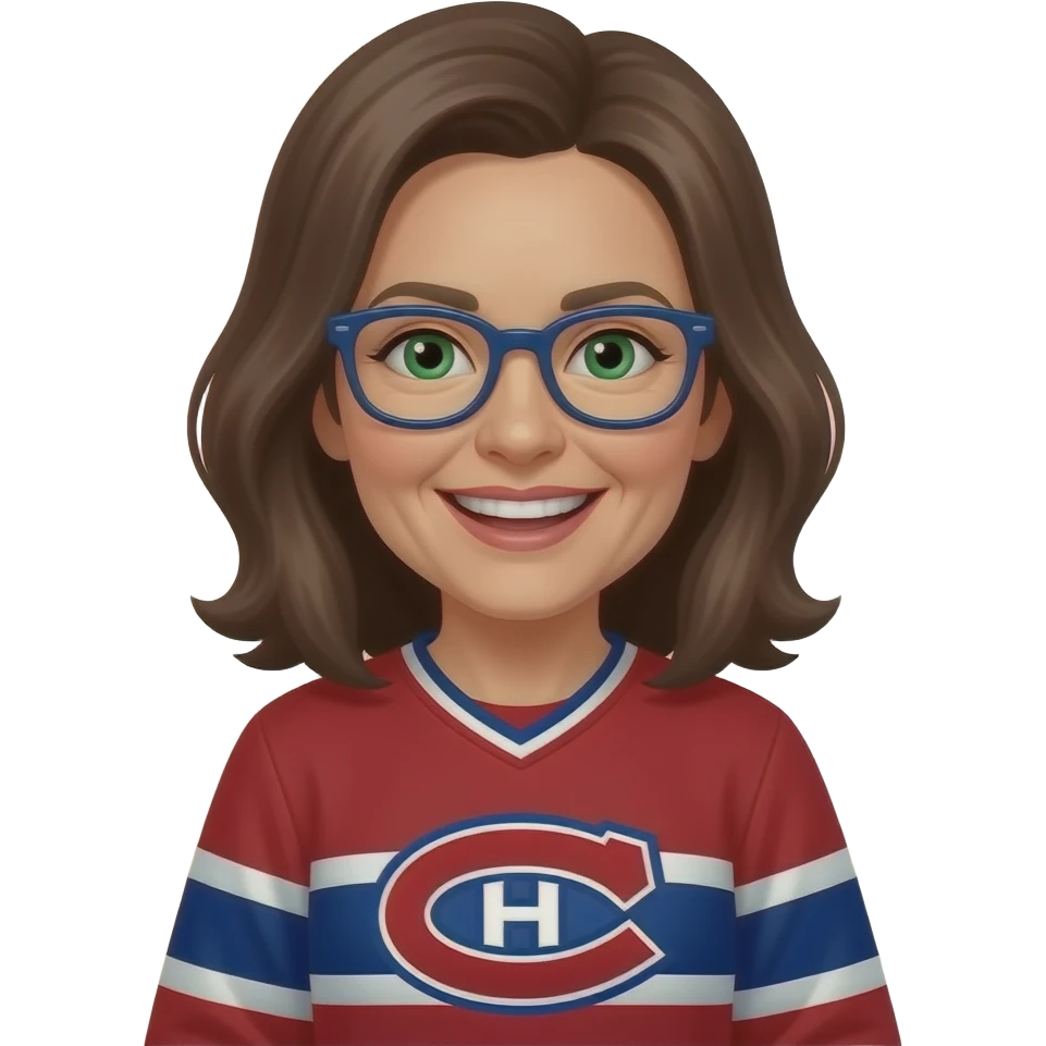 Female, Green eyes, brown hair, navy blue glasses, 50 years old, Montréal Canadiens, smiling showing teeth emoji