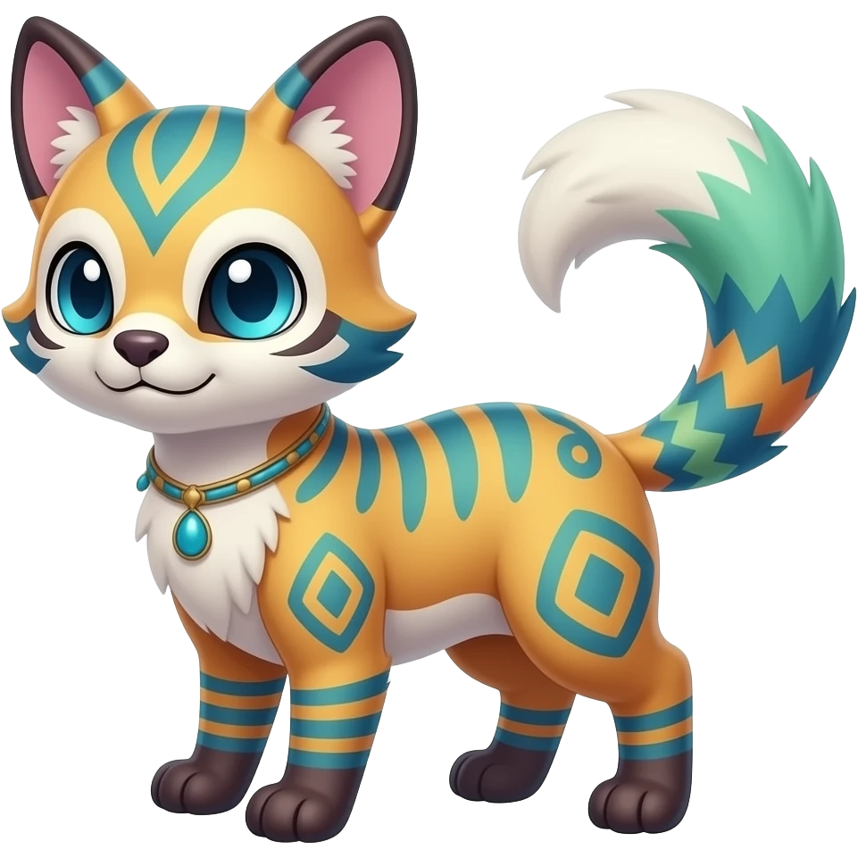 Colorful shiny smooth soft flurry pastel Civet-Trico-Sprigatito-Fennekin-Manectric-Vaporeon-Fakémon-hybrid with tribal markings emoji